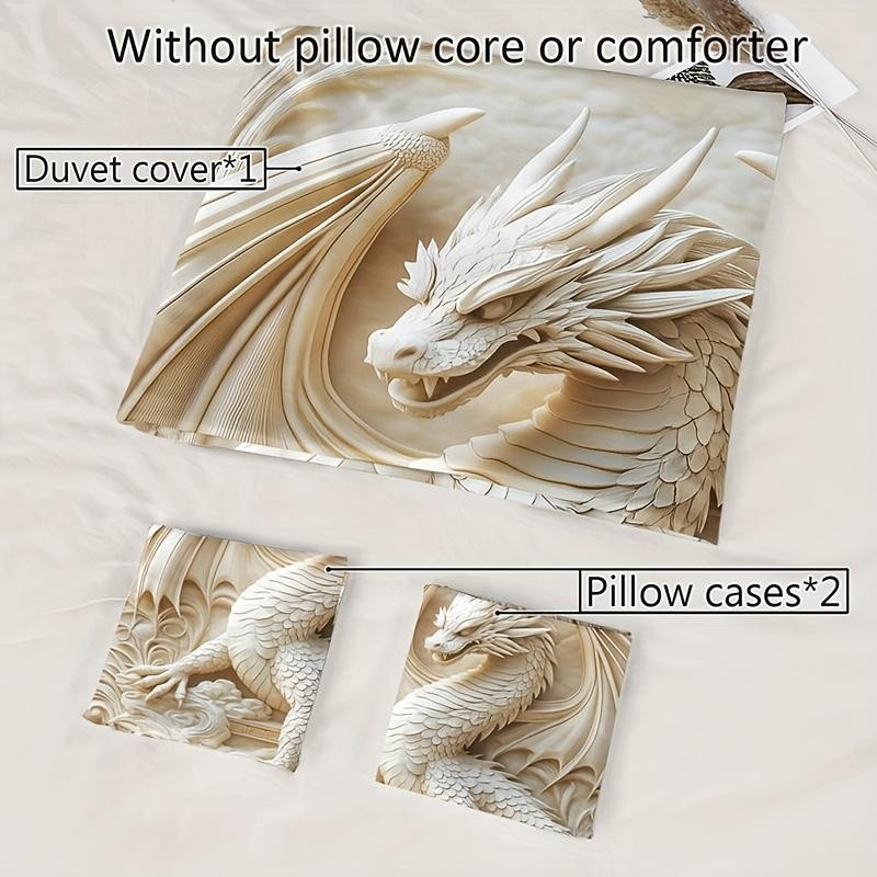 3-teiliges Drachen-Totem Bettbezug-Set aus atmungsaktivem Polyester in Beige und Multicolour, bestehend aus 1 Bettbezug und 2 Kissenbezügen, B/H: 135 x 200 cm - Bild 3