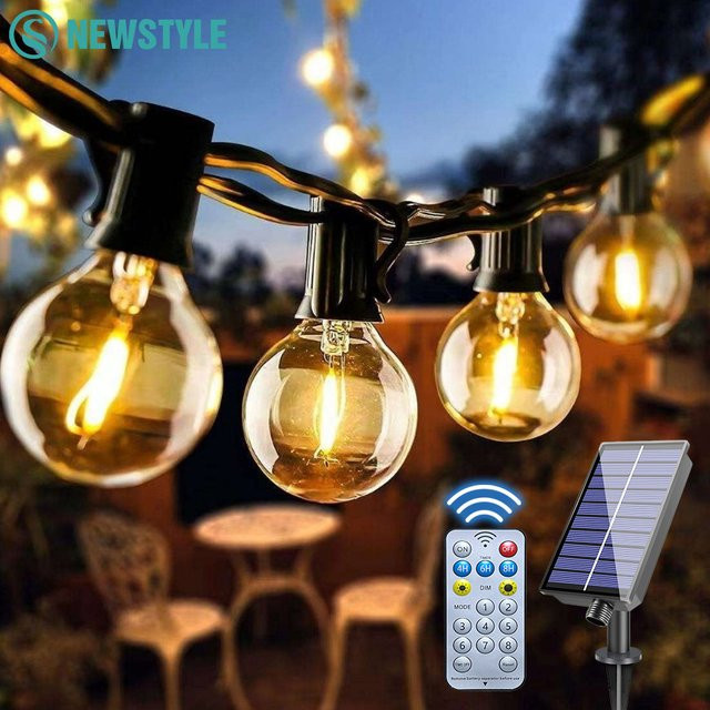 Solar G40 Außenlichterkette mit warmweißen LED-Kugelbirnen, wasserdichte Terrassenleuchte mit Fernbedienung, IP65, schwarz, transparent - Bild 1