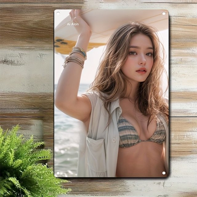 CIFBUY Vintage Wandkunst aus Metall mit Bikini-Strand-Motiv in Mehrfarbig, Rechteckiges Metallschild für Küstendekoration in Bar oder Café - Bild 1