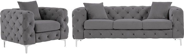 Vente-unique Couchgarnitur Edwina aus Samt in Anthrazitgrau bestehend aus 3-Sitzer-Sofa und Sessel - Bild 1