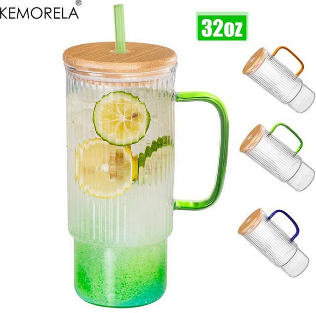 KEMORELA Glasbecher im Vintage-Stil mit Bambusdeckel und Strohhalm, 900 ml, grün/mehrfarbig - Bild 1