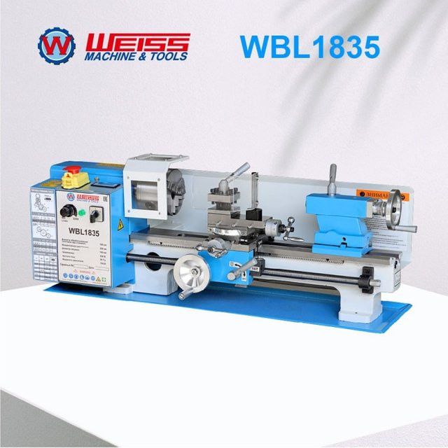 WEISS WBL1835 Tischmetalldrehmaschine in Weiß und Blau mit 750 W, variabler Geschwindigkeit 0–2250 U/min und 32 mm Spindelbohrung - Bild 1