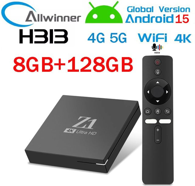 PK Q7 TX1 Smart Android 15 TV-Box mit 8GB RAM und 128GB Speicher, 4K HDR, Allwinner H313 Quad-Core, 5G/2.4G WLAN, Bluetooth 5.0 und USB 2.0, Schwarz - Bild 1