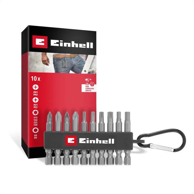 Einhell Bit-Set 10-teilig mit Karabiner in Rot, 1/4 Zoll (6,3 mm), PH, PZ, Sechskant und TX - Bild 1