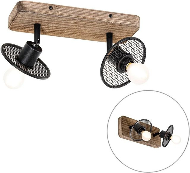 QAZQA Industrieller Deckenstrahler Jasmijn, 2-flammig, Schwarz und Braun, aus Stahl und Holz, dimmbar und verstellbar - Bild 1
