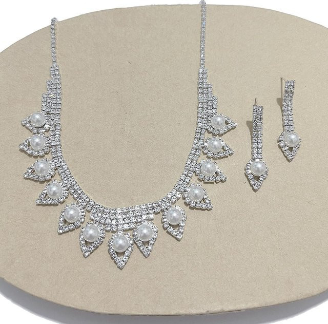 Schmuckset Perlenkette, Zirkonia, Perle, Messing, Weiß, Damen - Bild 1