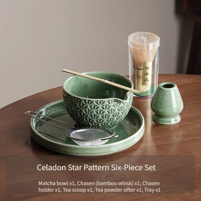 WENZHE Japanisches Matcha-Set mit grünem geometrischem Muster, Bambusrührer und Tee-Zubehör für die traditionelle Teezeremonie - Bild 1