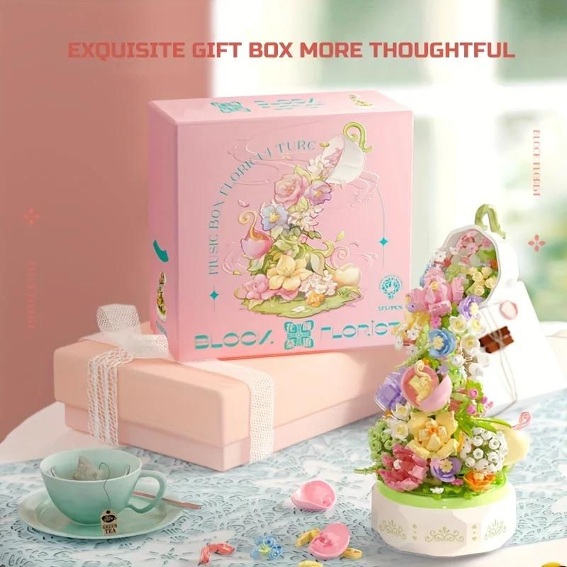 Binchi Keji Travel Teetassen-Blumen-Spieluhr aus Bausteinen, mehrfarbiges dekoratives Ornament für Zuhause und als Geschenk für Kinder - Bild 2