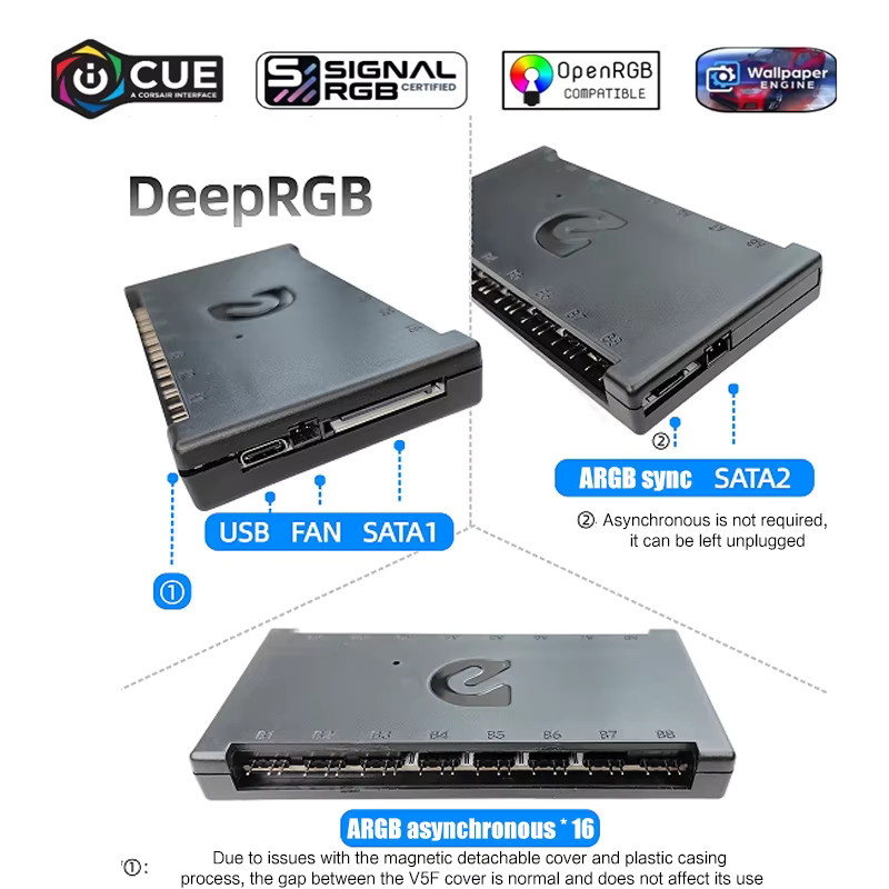 DeepRGB Asynchroner Steuerungshub E8/U16 5V 3Pin ARGB Verteiler in Schwarz kompatibel mit SignalRGB, OpenRGB und DRGB-Link - Bild 2