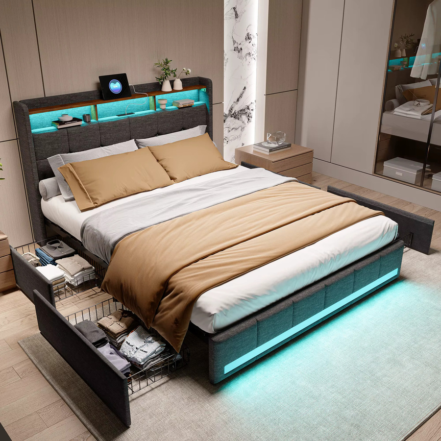 Roshanda Modernes Doppelbett mit 4 Schubladen und Polsterung aus Leinen, B/T/H: 140 x 200 cm, Grau/Beige - Bild 2