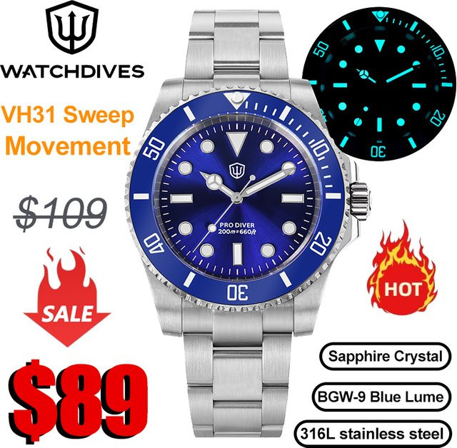Watchdives Armbanduhr, Quarz, Edelstahl, Blau, Herren - Bild 1