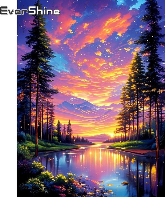 Evershine Diamant-Stickerei Set Landschafts-Mosaik mit Wolken und Bäumen in Multicolour, Wandkunst Bastelset, B/H: 30 x 20 cm - Bild 1