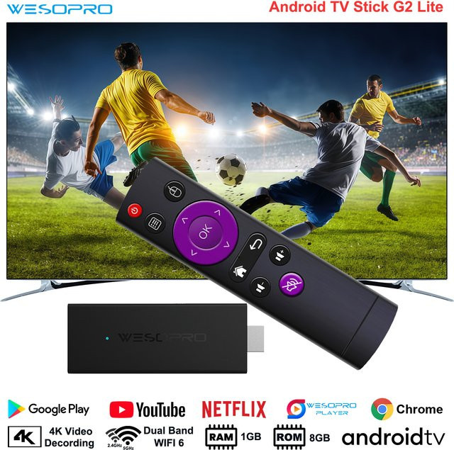 WESOPRO Android TV Stick G2 Lite Smart IPTV Dongle mit 4K Dekodierung, 1 GB RAM, 8 GB ROM und Dual-Band Wifi in Schwarz - Bild 1