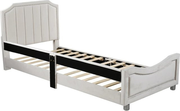KOMHTOM Polsterbett für Kinder und Jugendliche als Schlafsofa mit Rücken- und Armlehnen, Farbe: Beige, B/T/H: 90 x 200 cm