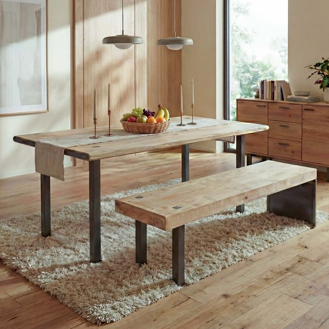 MCW Esszimmer-Set L75 aus Massiv-Holz und Eisen in Braun mit Esstisch und Sitzbank im Industrie-Design, B: 200 cm, H: 75 cm, T: 90 cm - Bild 1