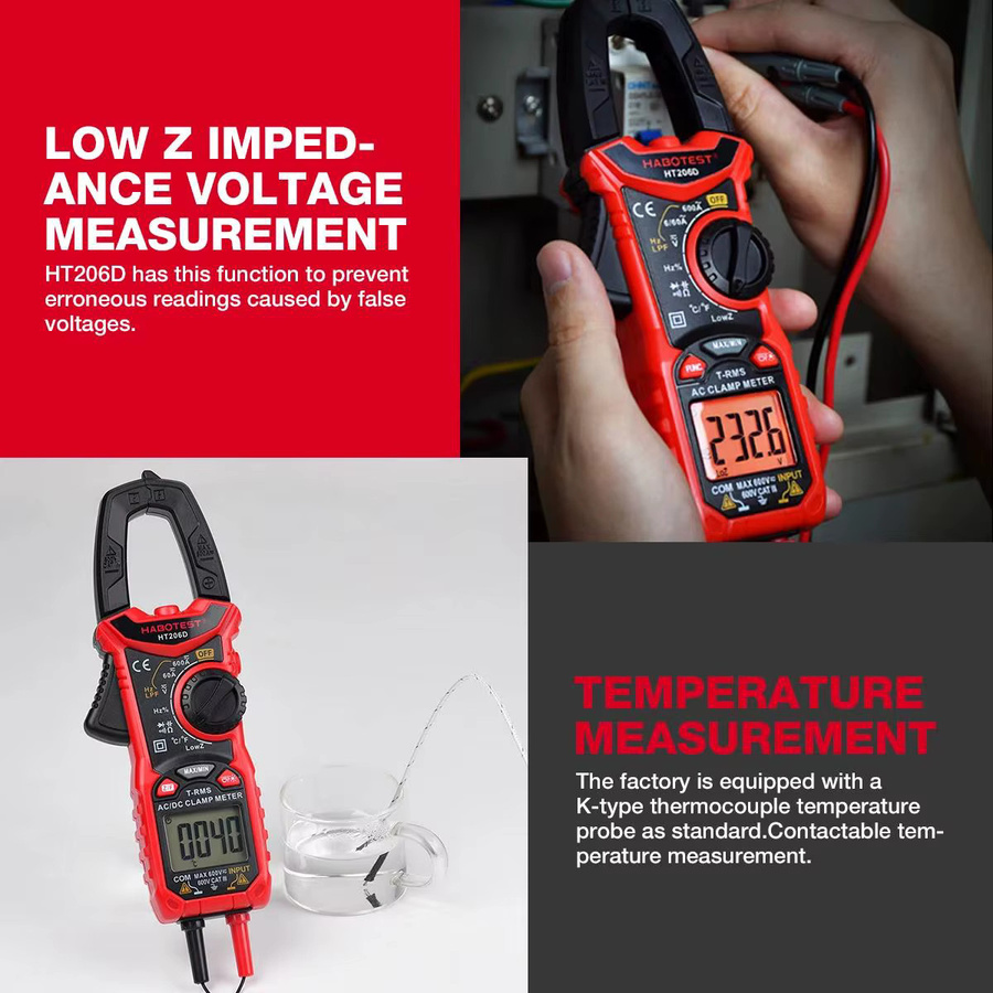 HABOTEST Digitales Zangenmessgerät HT206A/HT206B/HT206D Multimeter Amperemeter mit DC/AC-Strommessung bis 600 A und Spannungsprüfer - Bild 3