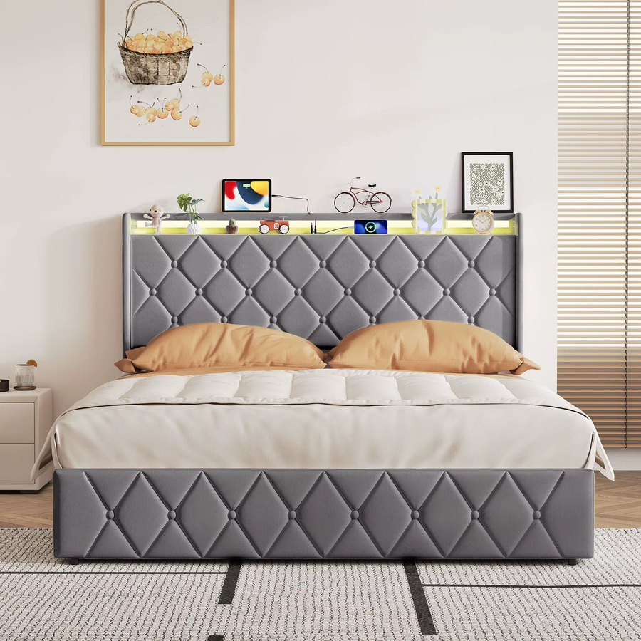 Anajqaqia Polsterbett mit Stauraum aus Samt in Grau, B/T/H: 140 x 200 cm - Bild 3