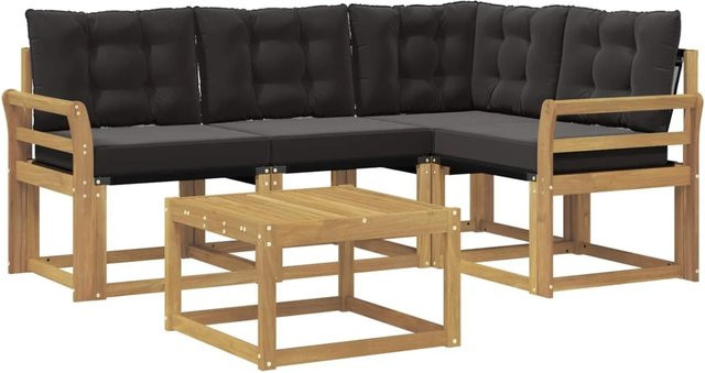 vidaXL Outdoor-Sofagarnitur 5-teilig in L-Form mit Kissen und Couchtisch, Weiß und Schwarz, aus Akazienholz und Textilene - Bild 1