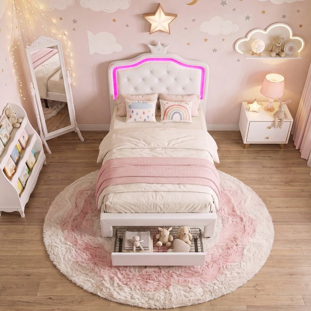 Rosahqnda Kinderbett mit Prinzessinnen-Kronen-Design, Einzelbett mit LED-Kopfteil und Schublade, Farbe: Weiß, B/T/H: 140 x 200 cm - Bild 1