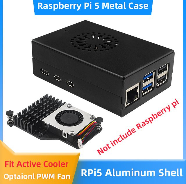 SHCHV Raspberry Pi 5 Aluminiumgehäuse aus Metall in Schwarz mit aktivem PWM-Lüfter - Bild 1