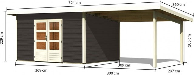 Gartenhaus aus Holz NORTHEIM 4 mit 38 mm Wandstärke und Anbaudach in Terragrau, B: 369 cm, T: 309 cm - Bild 1