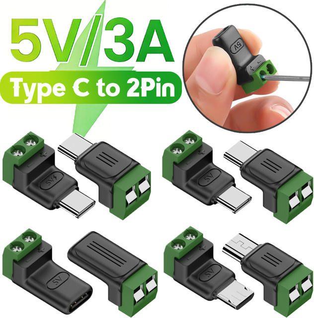 BAPPSUS Lötfreier Anschlussadapter USB C und Micro-Stecker auf 2-Pin Typ-C Buchse mit 2-Pin Crimp-Klemmenblock, Schwarz - Bild 1