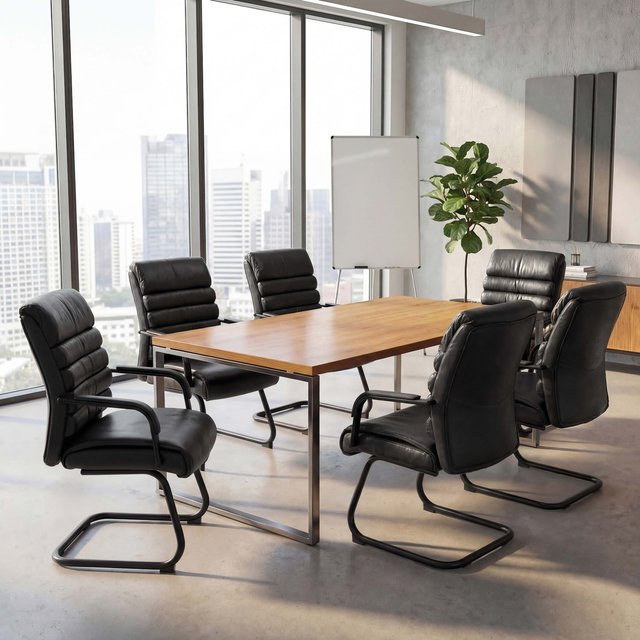 6er-Set Konferenzstühle MCW-H31 Freischwinger im Vintage-Design aus Kunstleder und Metall in Schwarz - Bild 1