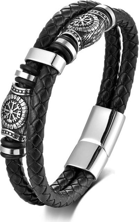 YULIN Armband Herren, Edelstahl, Leder, Schwarz, 21cm