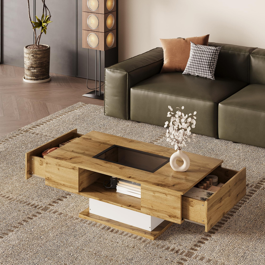 Flieks Couchtisch mit LED-Beleuchtung und Glasplatte in Weiß/Braun, modernes Design mit 2 Schubladen und offenem Aufbewahrungsfach, B/T/H: 110.2 x 60 x 39.7 cm - Bild 4