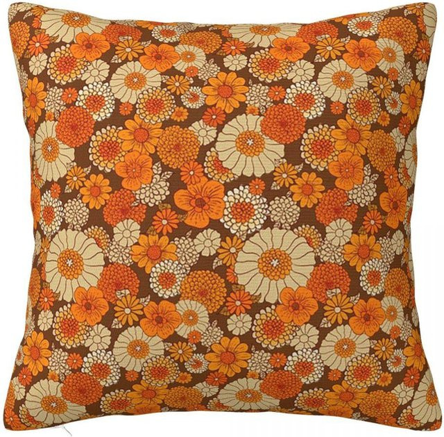 RRR Home Quadratischer Kissenbezug im 70er Retro Flower Power Design, Orange und Braun, B/T/H: 45,72 x 45,72 x 0 cm - Bild 1