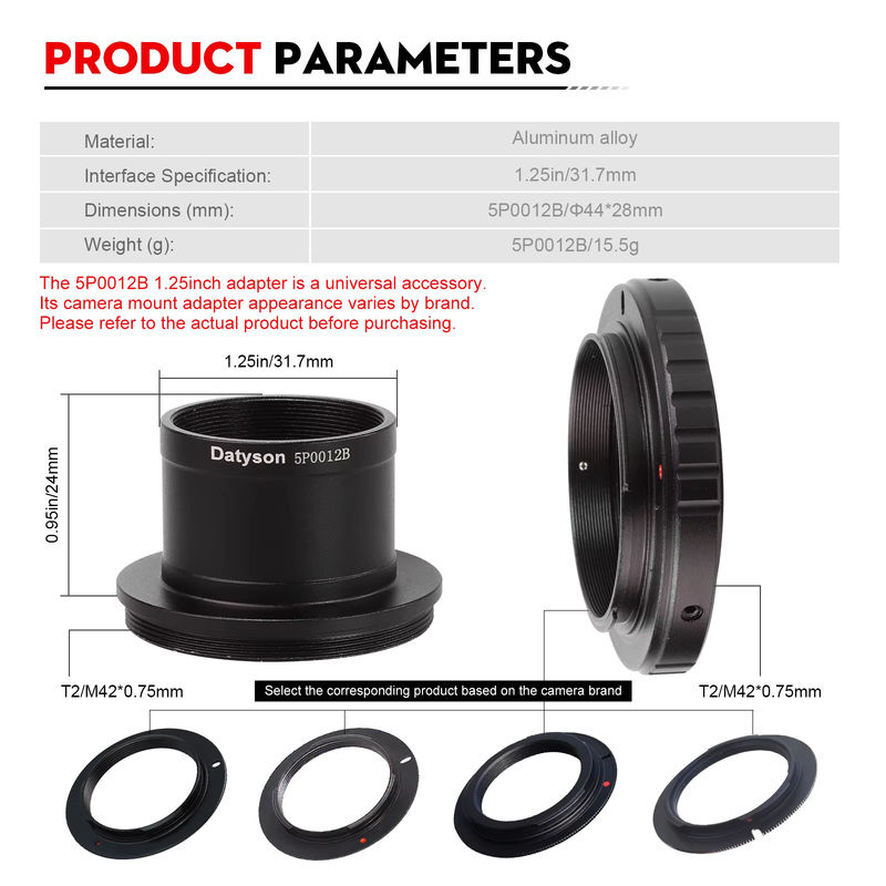 Datyson T2-Kamera-Adapter-Set für Astrofotografie mit 1,25-Zoll-Teleskop-Anschluss, 31,7 mm Fokussierer und M42 x 0,75 mm Gewinde, Schwarz - Bild 5