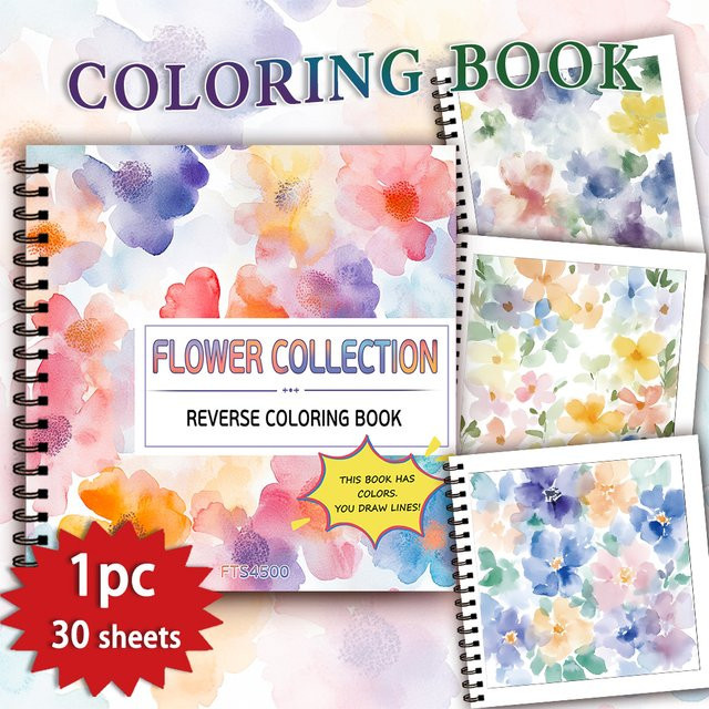 Aquarell-Blumen Umgekehrtes Malbuch mit 30 dicken Seiten à 100 g/m2, A5, Mehrfarbig - Bild 1