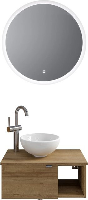 Pelipal Badmöbel-Set Serie 6915 Riviera Eiche mit Keramik Aufsatzbecken, Waschtischunterschrank und Funktionsspiegel mit LED-Beleuchtung und Sensor-Schalter - Bild 1