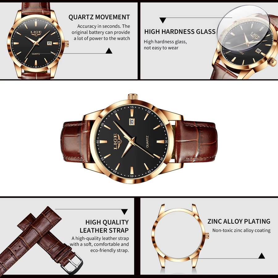 LIGE Armbanduhr Quarz, Leder, Schwarz, Gold, Herren - Bild 6