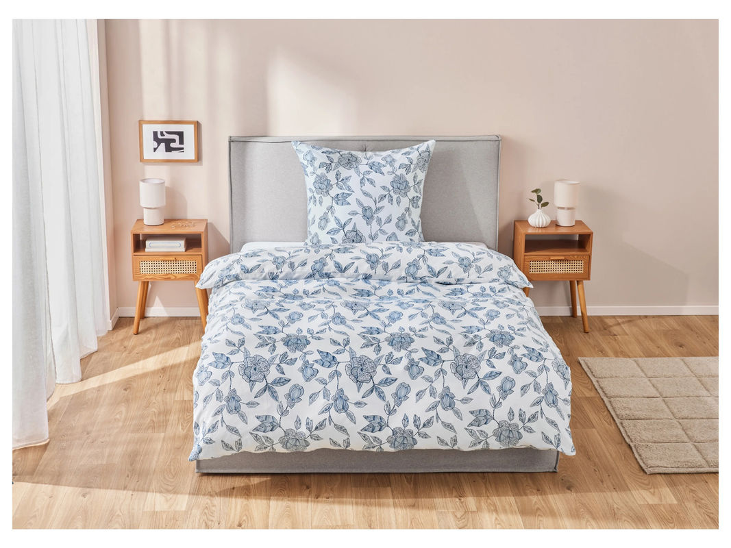 LIVARNO HOME Mako-Satin Bettwäsche Set Blumen Blau Weiß, B/H: 135 x 200 cm und 80 x 80 cm - Bild 2