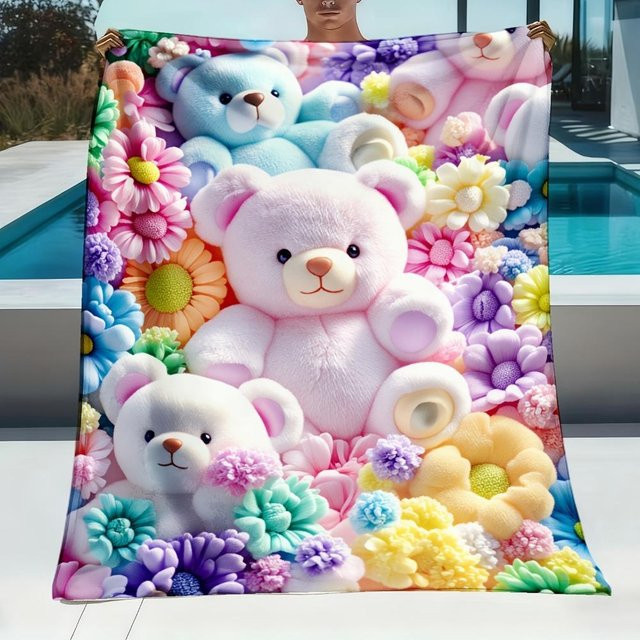 Dekorative Überwurfdecke Tee Mood mit buntem Teddybär und Blumenmuster, B/B: 150 x 200 cm - Bild 1