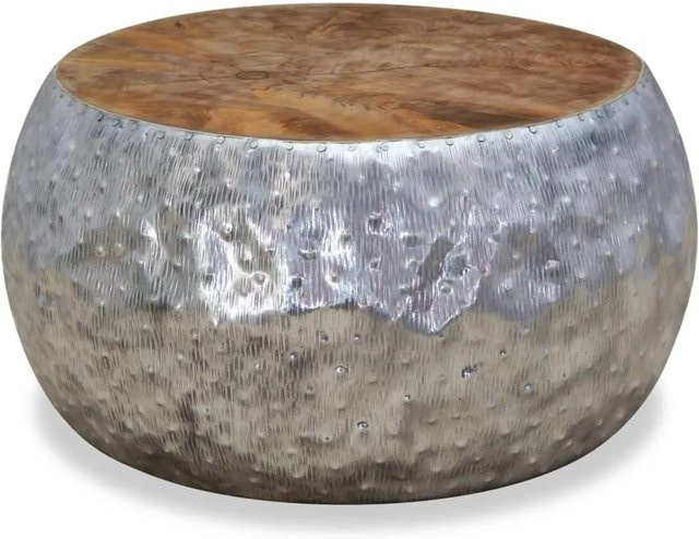 vidaXL Couchtisch aus Aluminium und geöltem Teakholz, rund, Silber/Braun, B/T/H: 60 x 60 x 30 cm - Bild 1