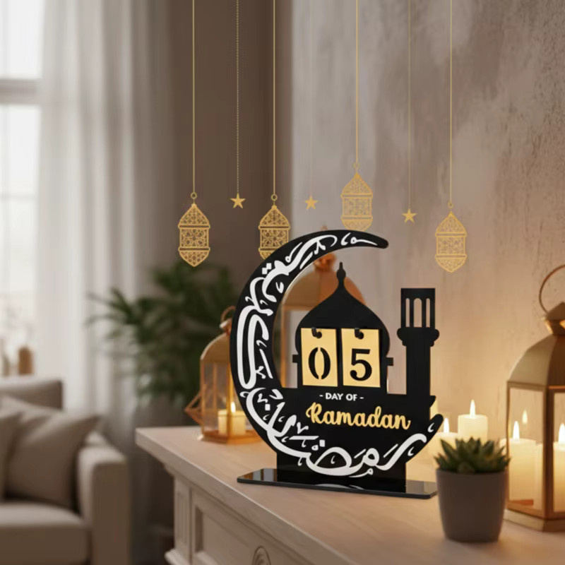 Interaktiver Eid-Countdown-Kalender 2026 aus schwarzem Acryl als DIY-Ornament für Ramadan und muslimische Feste zur Tischdekoration - Bild 2