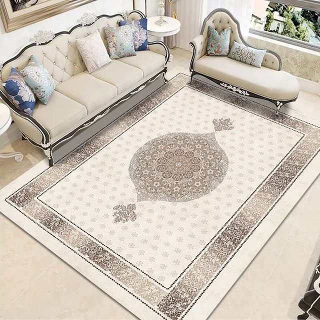 LYAHKAE Europäischer Retro-Perserteppich in Beige, rutschfester Kurzflor-Samt-Plüschteppich aus Polyester für Wohnzimmer, Esszimmer oder Flur - Bild 1