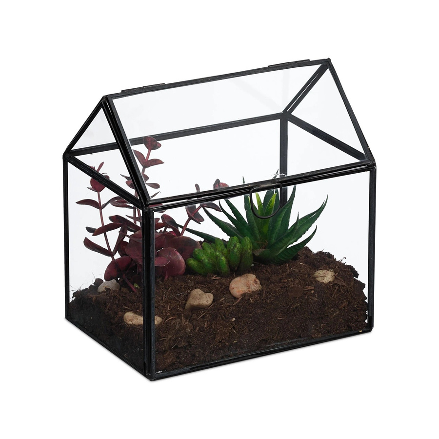 Relaxdays Pflanzenterrarium in Hausform aus Glas und Zinn, Schwarz, B: 16 cm, T: 16 cm, H: 11,5 cm - Bild 2