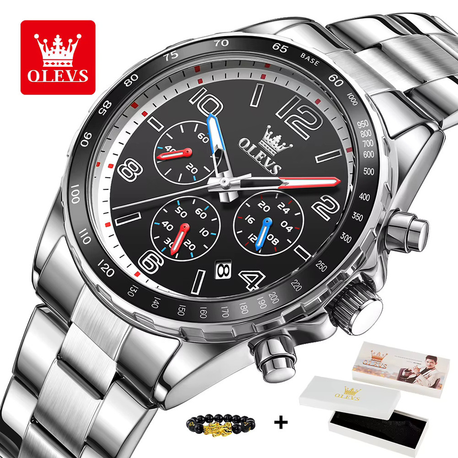 Olevs Chronograph, Quarz, Edelstahl, 42 mm, Herren, Schwarz - Bild 2
