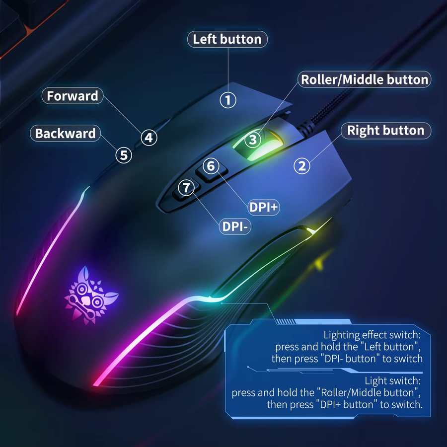 ONIKUMA CW905 Gaming-Maus Schwarz mit 6400 DPI, programmierbaren Tasten und RGB-Beleuchtung für PC-Gamer - Bild 2