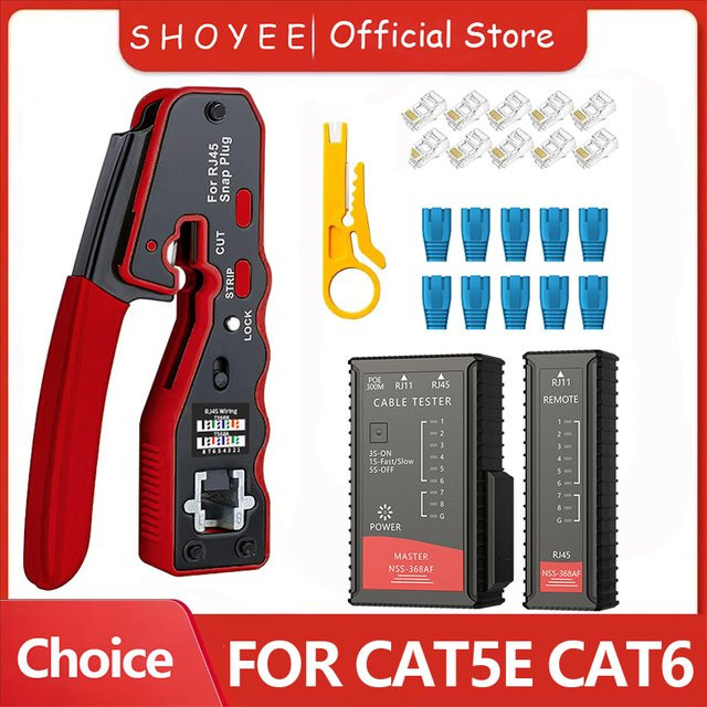 SHOYEE RJ45 Crimpwerkzeug-Kit in Rot mit Ethernet-Crimpzange und Tester für Cat5e Cat6 Cat6a 8P8C modulare Steckverbinder - Bild 1
