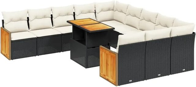 vidaXL 11-teilige Garten-Sofagarnitur in U-Form aus Poly-Rattan und Akazienholz mit Kissen in Schwarz - Bild 1