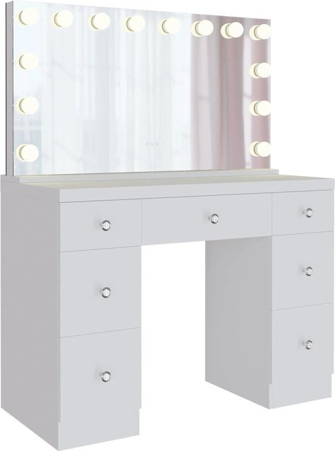 DELUKE Schminktisch DIJON in Weiß aus Holz mit LED-Beleuchtung und Spiegel, B/T/H: 110 x 49 x 144 cm - Bild 1