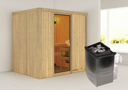 Karibu Sauna Kothla aus Fichtenholz in Beige inklusive 9 kW Saunaofen mit integrierter Steuerung für 3 Personen, B/T/H: 198 x 151 x 196 cm - Bild 1