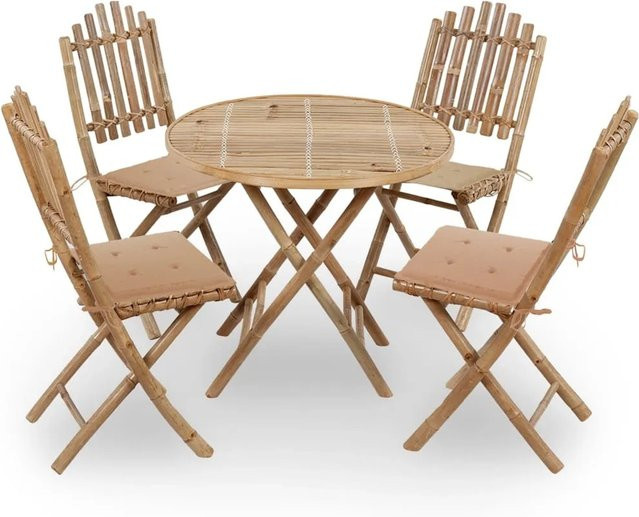 vidaXL 5-tlg Garten-Essgruppe aus Bambus mit Kissen, klappbar, rustikal, Braun/Beige - Bild 1