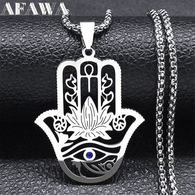 AFAWA Halskette Hamsa Hand Ankh Lotus, Edelstahl, Silber, Unisex - Bild 1