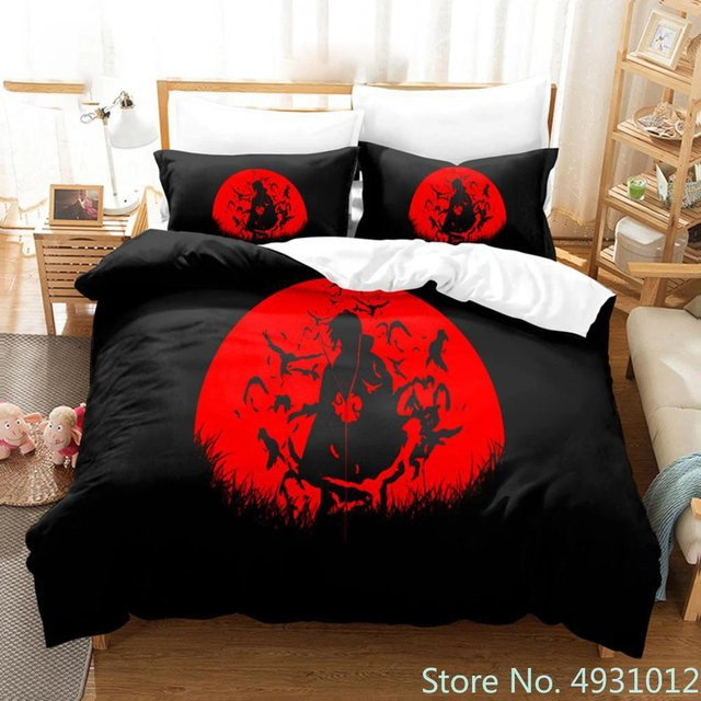 Gu Tao Anime Naruto Bettwäsche-Set mit Uchiha Motiv in Rot und Schwarz, B/H: 135 x 200 cm - Bild 1