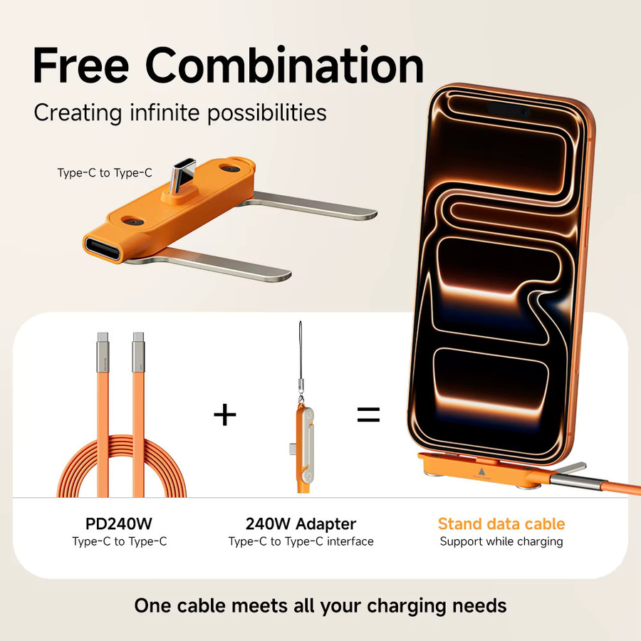 EOENKK 2-in-1 Schnellladekabel Typ-C zu Typ-C mit 240W und faltbarer Halterung für Telefon und Tablet, Schwarz/Orange - Bild 4